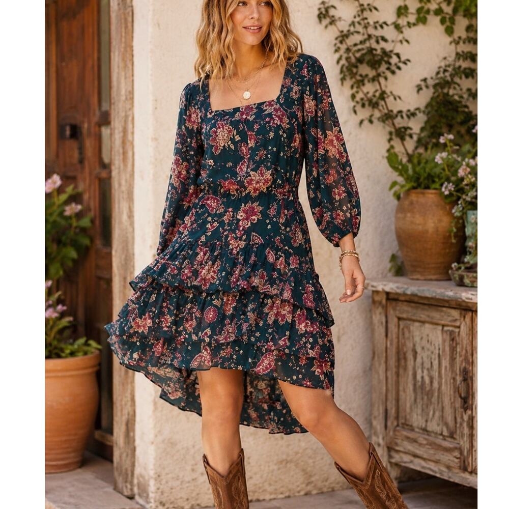 Band of the Free Chelo Emerald Floral Tiered Midi Dress Boho Cottagecore Size S
